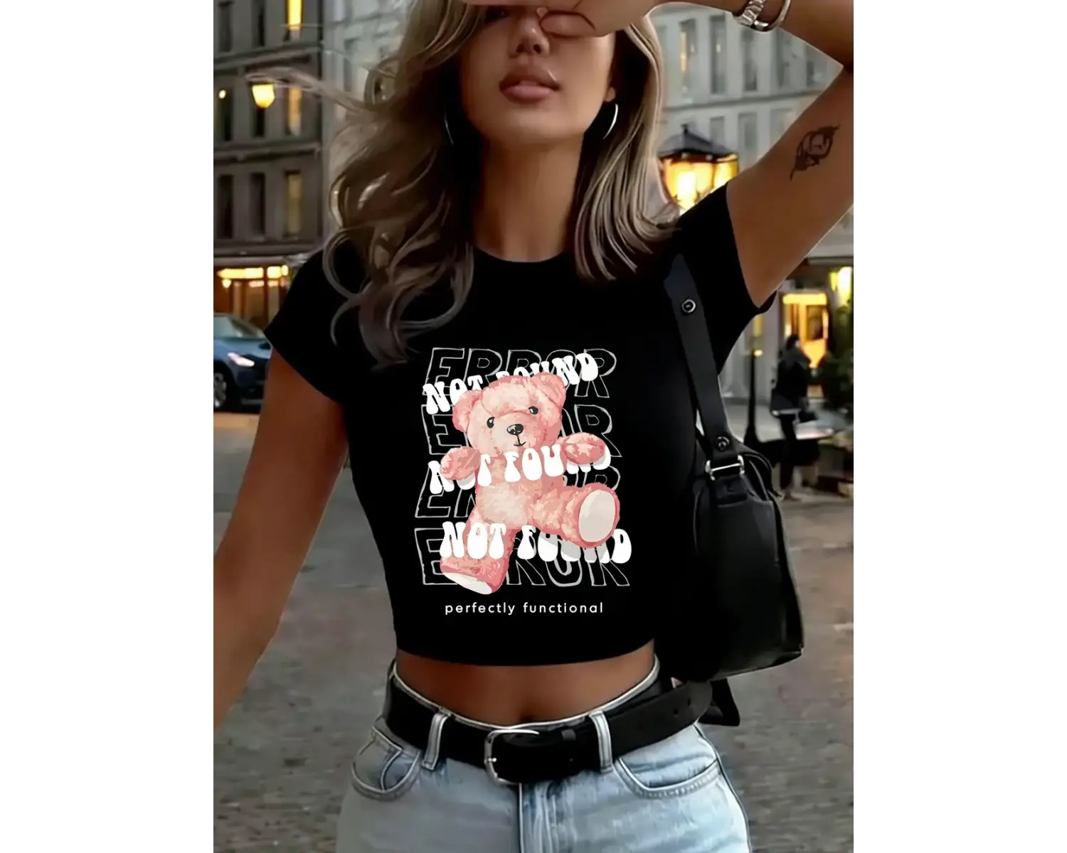 Mükemmel Çalışır Durumda Ayı Baskıları Kadın Kırpma Üstleri Yaz Yumuşak Yüksek Elastik Tişört