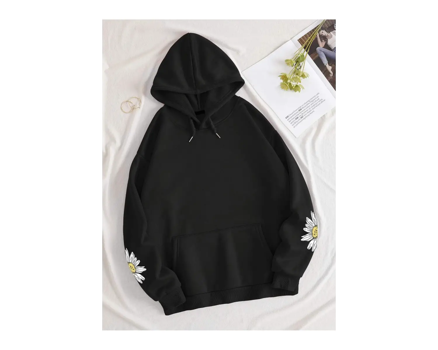 Mushroom & Slogan Graphic Kangaroo Pocket Drawstring Hoodie Siyah