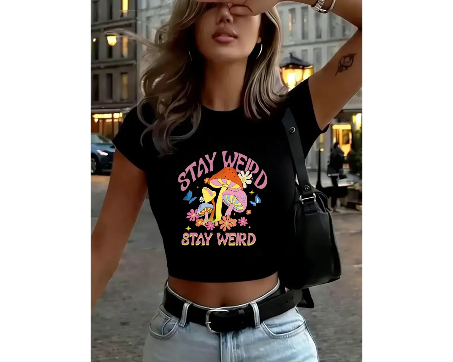 Mushroom Stay Weird Baskılı Kadın Babby TeeTişörtleri Yazlık Yuvarlak Yaka Dar Kesim Üstler Yükse