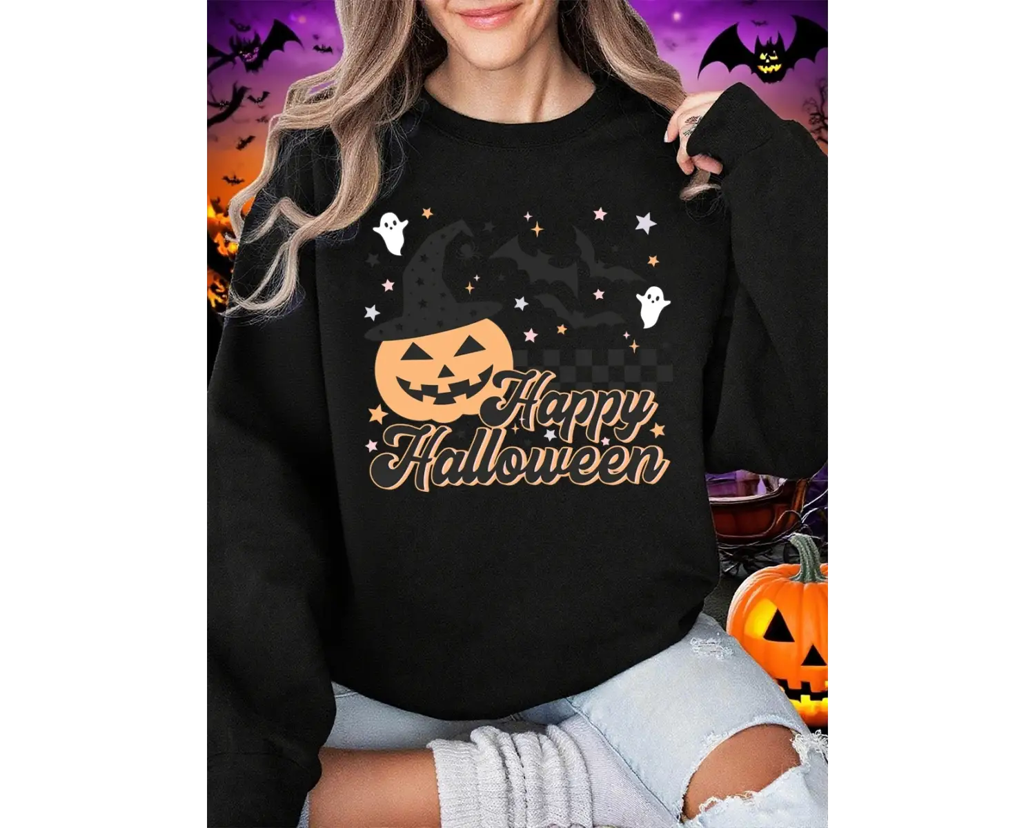 Mutlu Cadılar Bayramı Baskı Tişörtü Kadın Kış Polar Sıcak Hoodies Crewneck Gevşek Kazak Temel