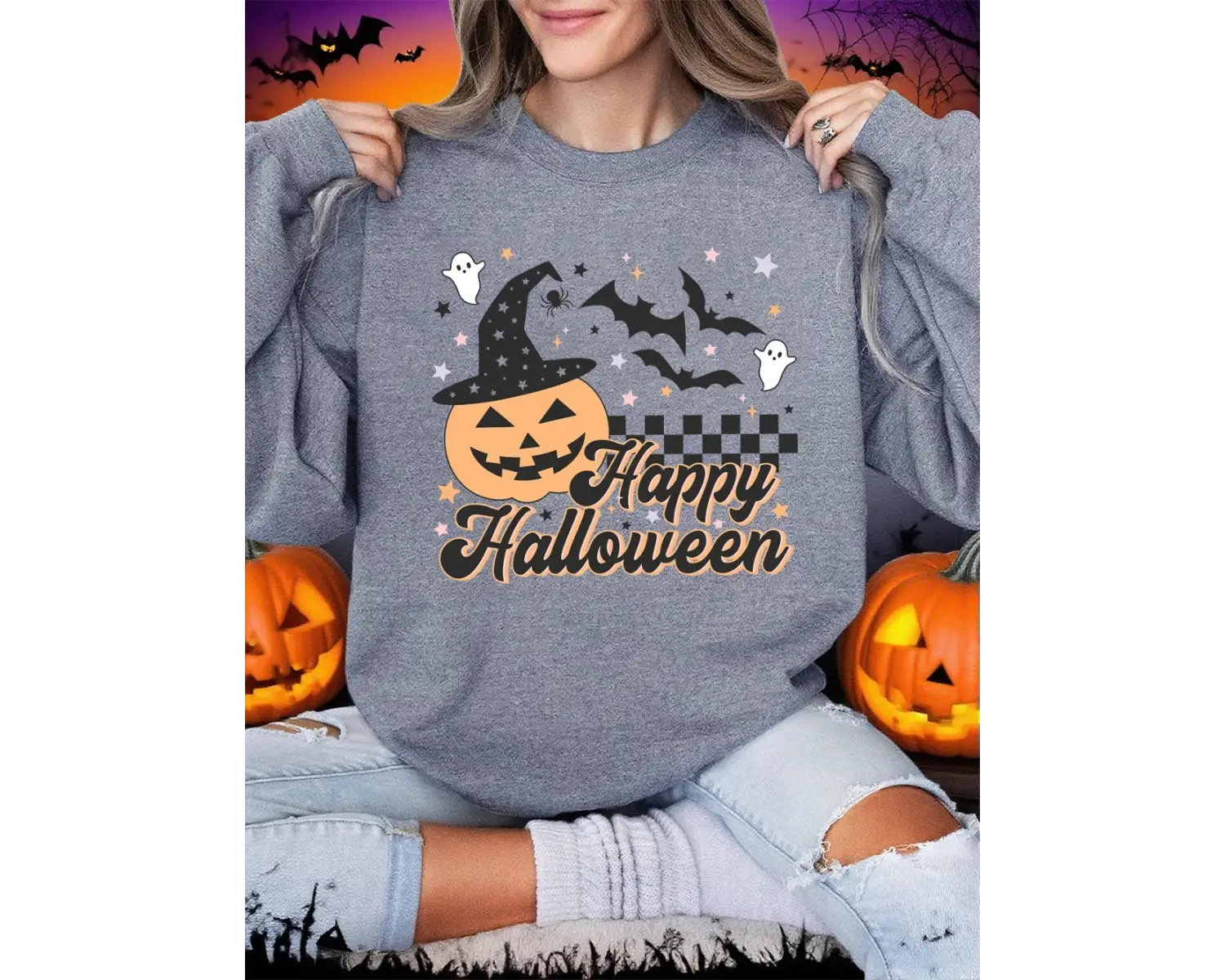 Mutlu Cadılar Bayramı Baskı Tişörtü Kadın Kış Polar Sıcak Hoodies Crewneck Gevşek Kazak Temel