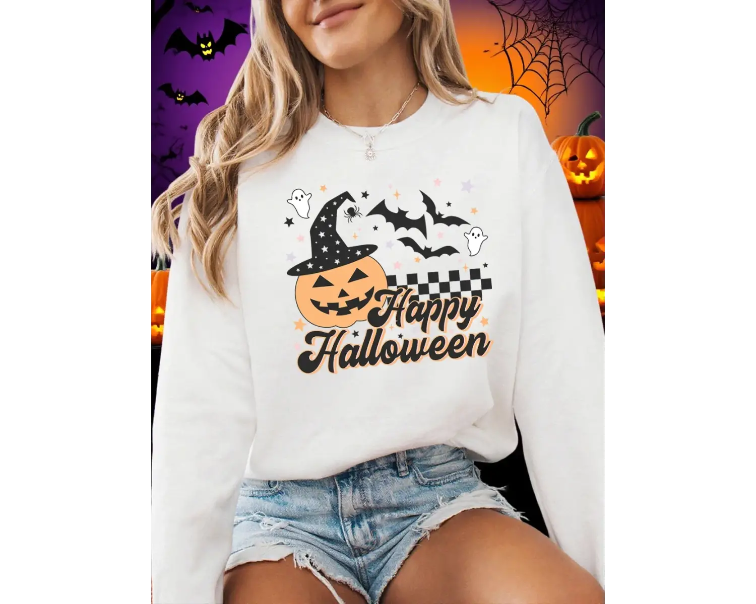 Mutlu Cadılar Bayramı Baskı Tişörtü Kadın Kış Polar Sıcak Hoodies Crewneck Gevşek Kazak Temel