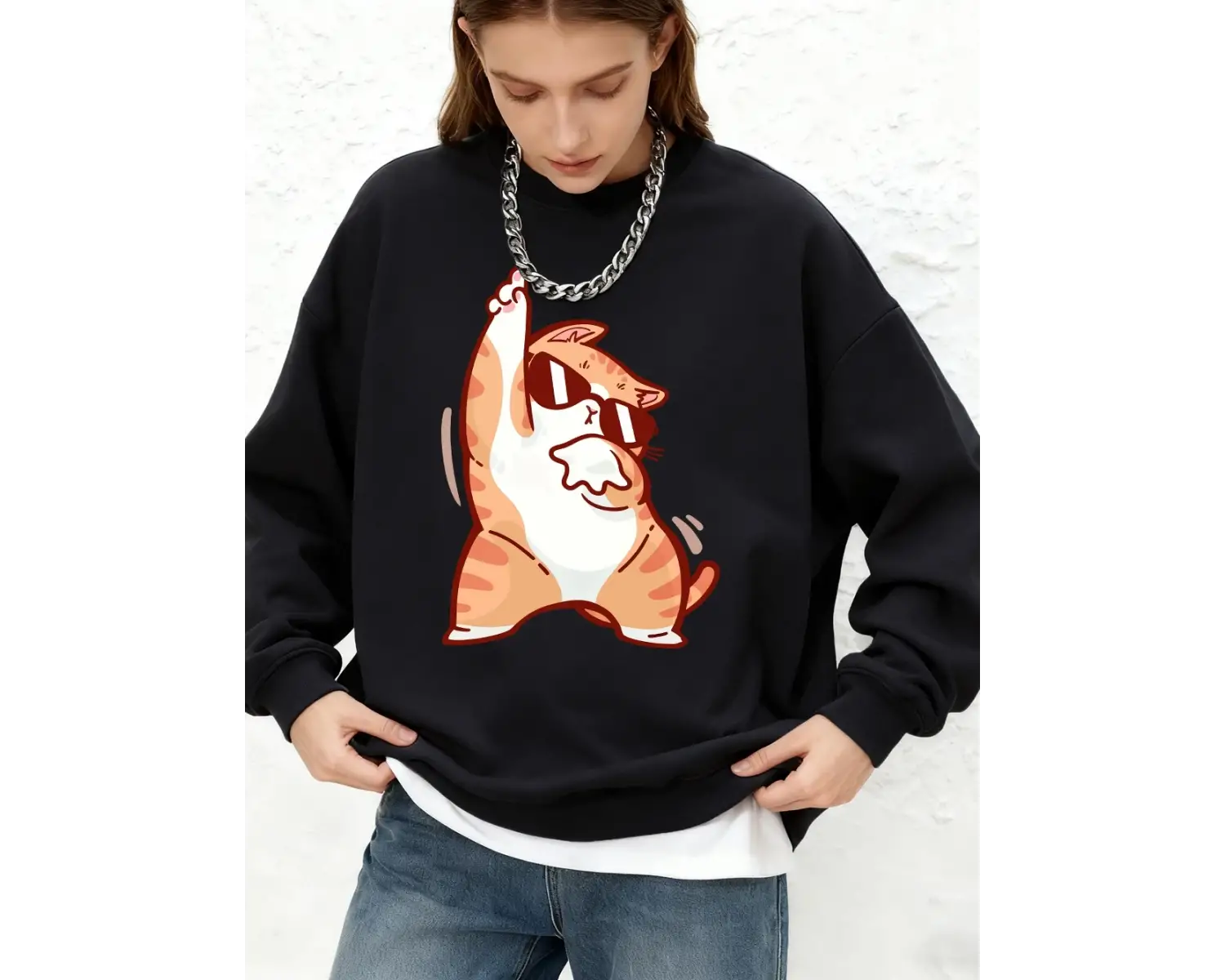 Mutlu Dans Eden Kedi Baskılı Kapüşonlu Üst Bayanlar İçin Basit Uzun Kollu Yuvarlak Yaka Sweat