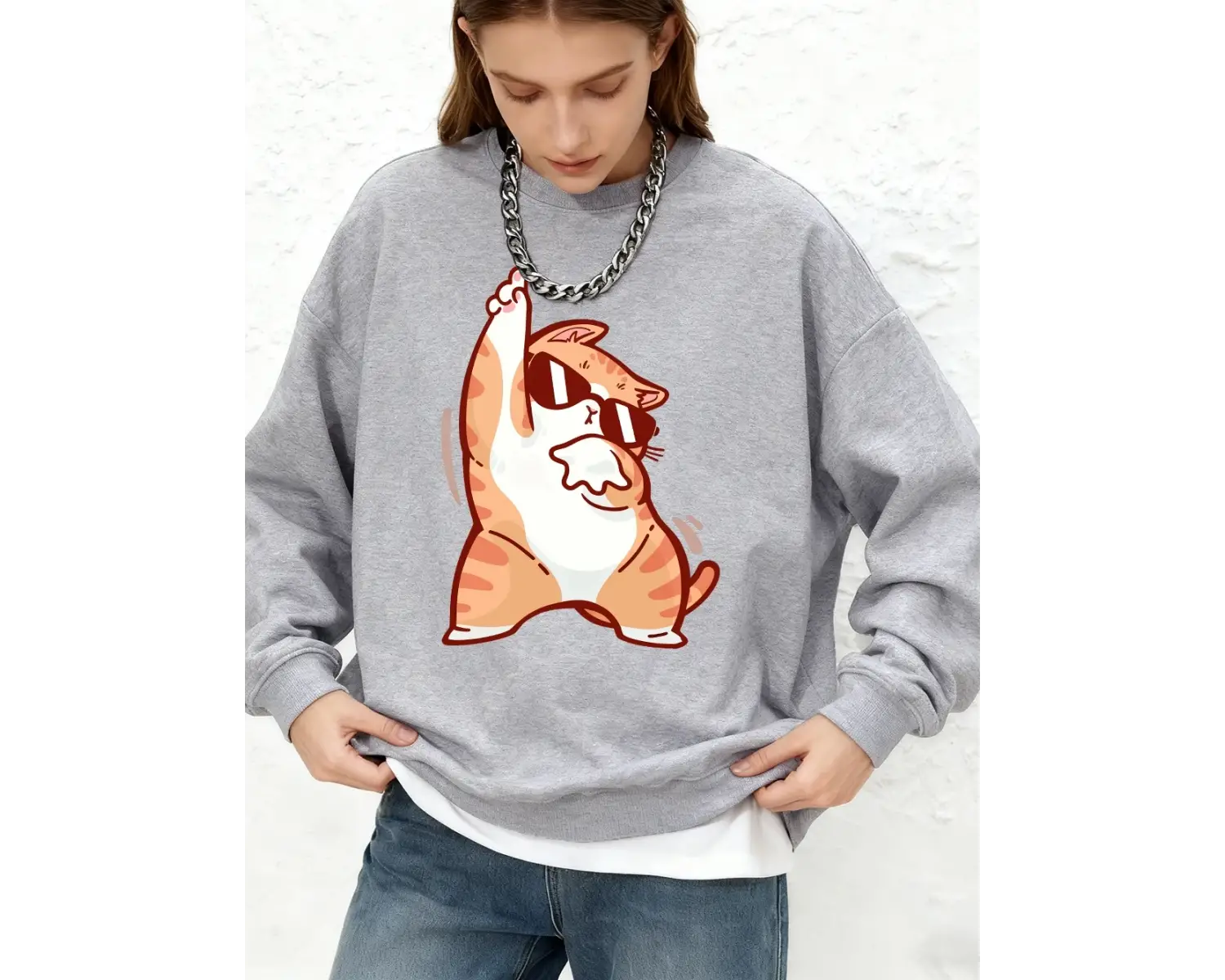Mutlu Dans Eden Kedi Baskılı Kapüşonlu Üst Bayanlar İçin Basit Uzun Kollu Yuvarlak Yaka Sweat