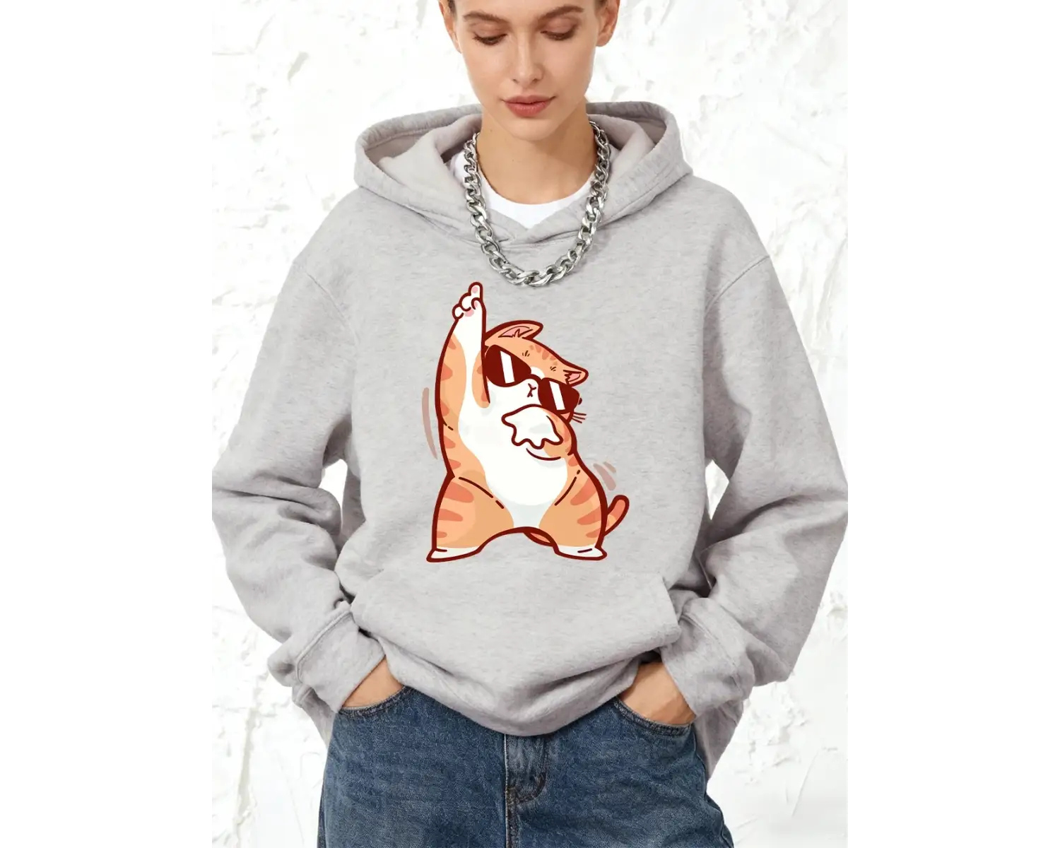 Mutlu Dans Eden Kedi Baskılı Kapüşonlu Üstler Pamuklu Kadın Kışlık Polar Sıcak Sweatshirt Koş