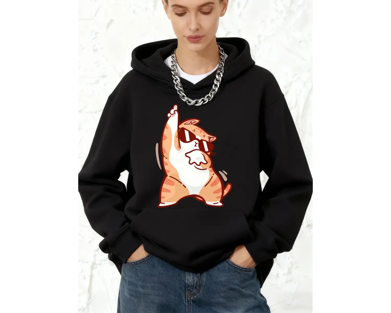 Mutlu Dans Eden Kedi Baskılı Kapüşonlu Üstler Pamuklu Kadın Kışlık Polar Sıcak Sweatshirt Koş