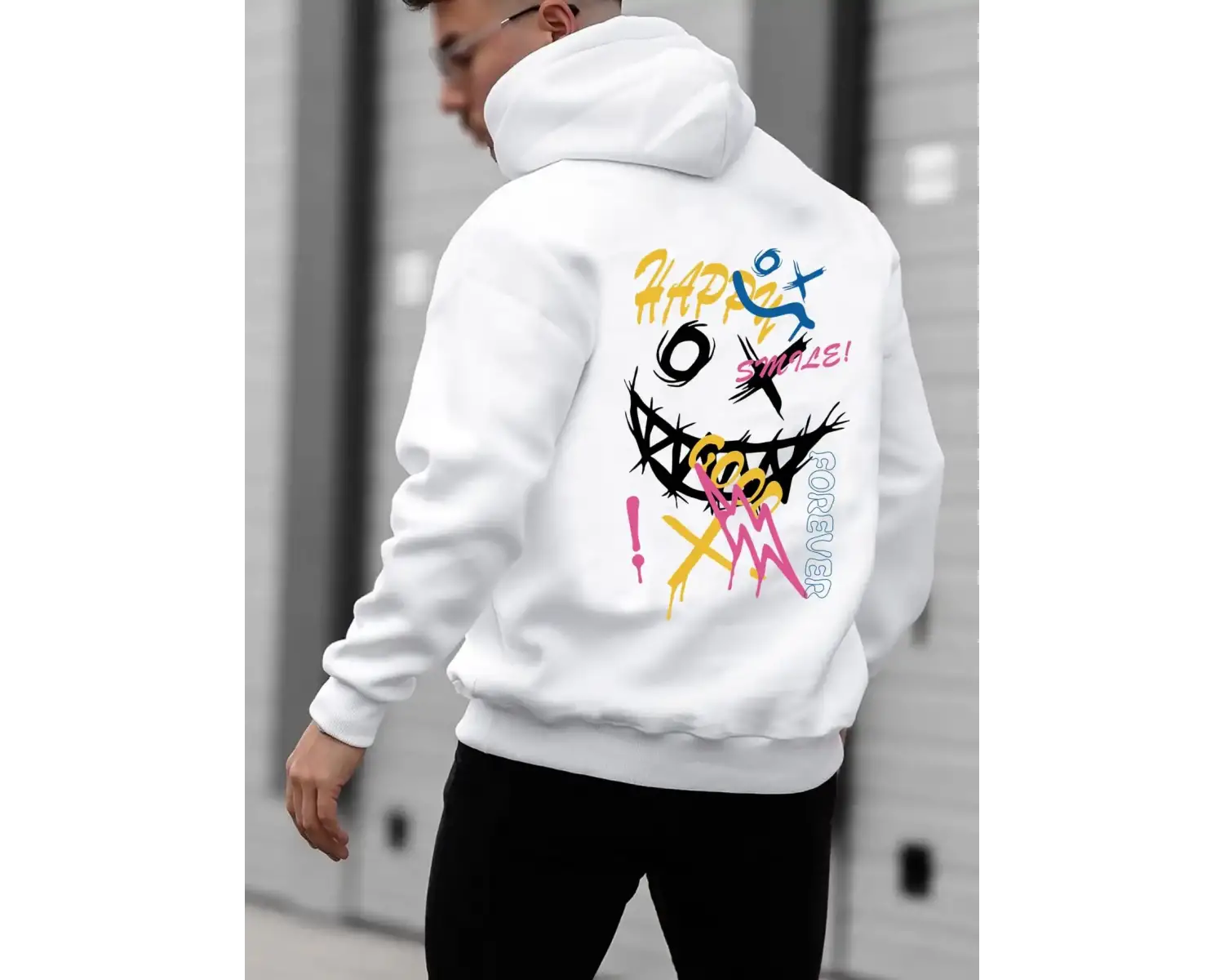 Mutlu Kelime Komik Kişilik Renkli Desen Hoody Erkekler Cep Çizgi Roman Kazak Sonbahar Yumuşak