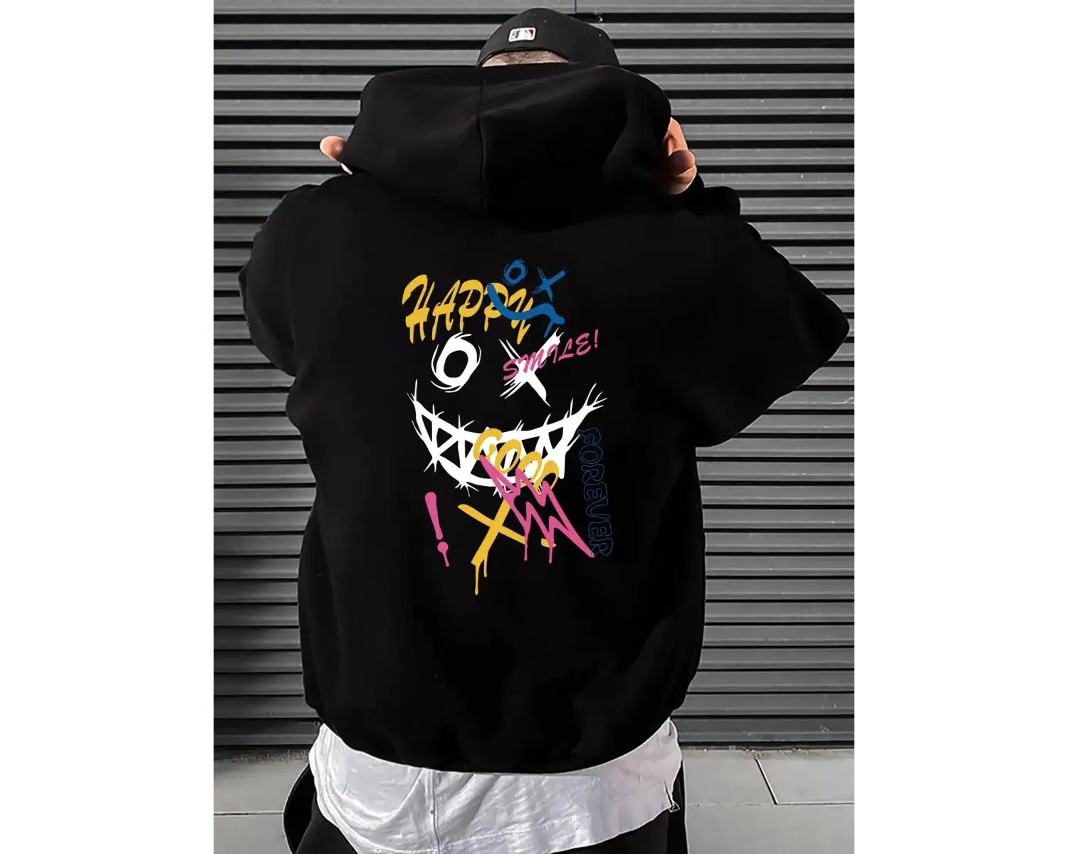 Mutlu Kelime Komik Kişilik Renkli Desen Hoody Erkekler Cep Çizgi Roman Kazak Sonbahar Yumuşak