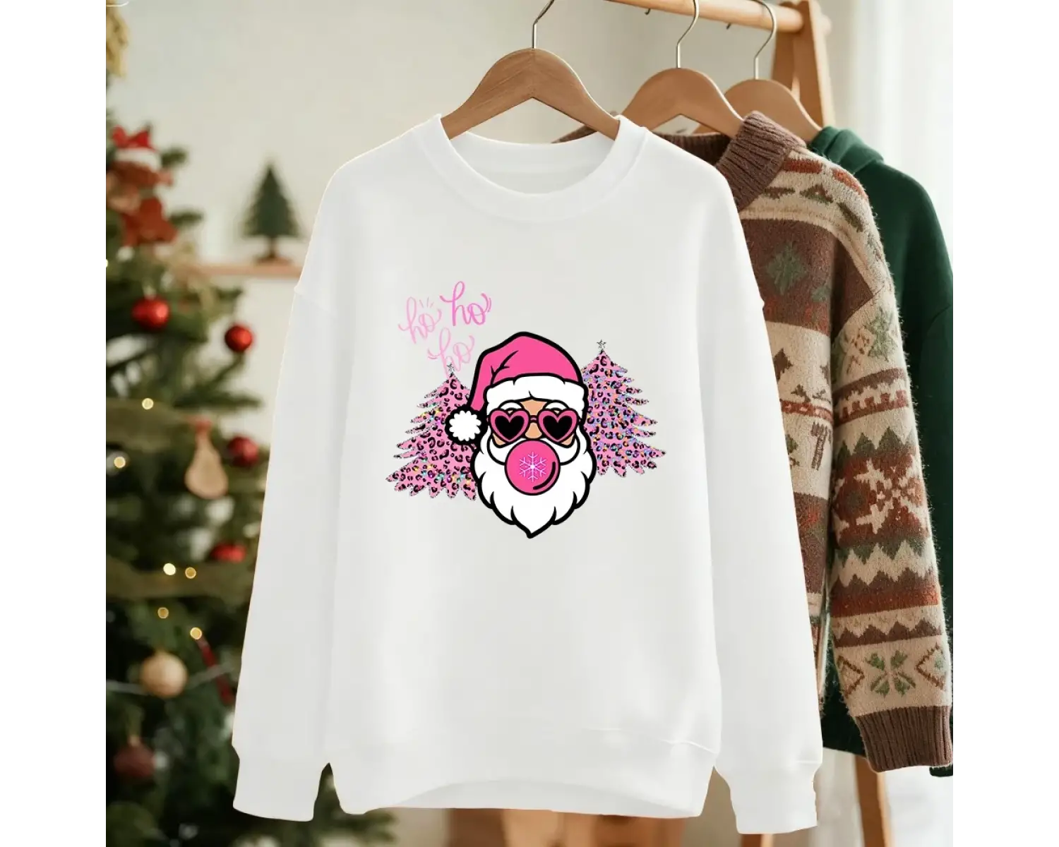 Mutlu Noel Ağacı Noel Baba Baskılar Kazak Kadın Kış Polar Sıcak Kapüşonlular Crewneck Gevşek