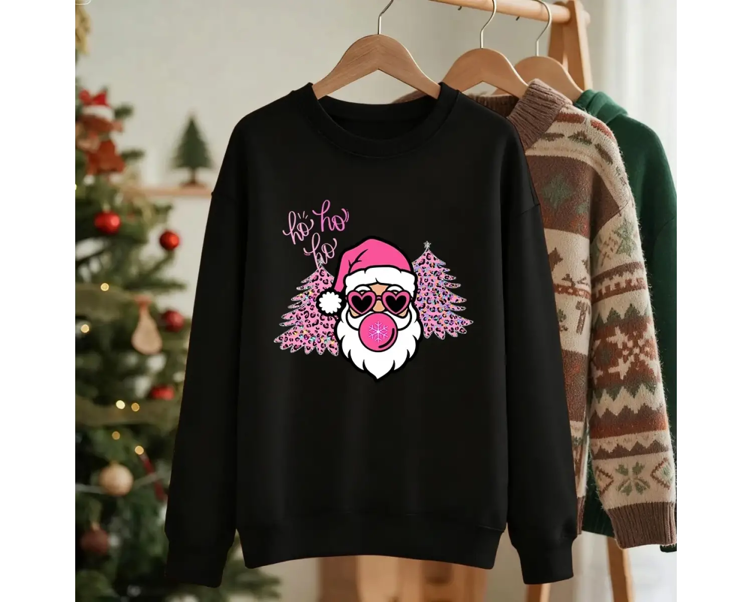 Mutlu Noel Ağacı Noel Baba Baskılar Kazak Kadın Kış Polar Sıcak Kapüşonlular Crewneck Gevşek