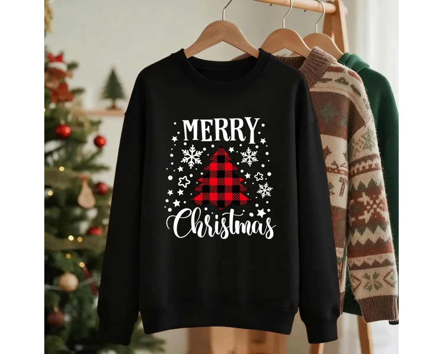 Mutlu Noeller Kırmızı Izgara Ağacı Baskılı Sweatshirt Kadınlar İçin Bol Rahat Kapüşonlu Polar