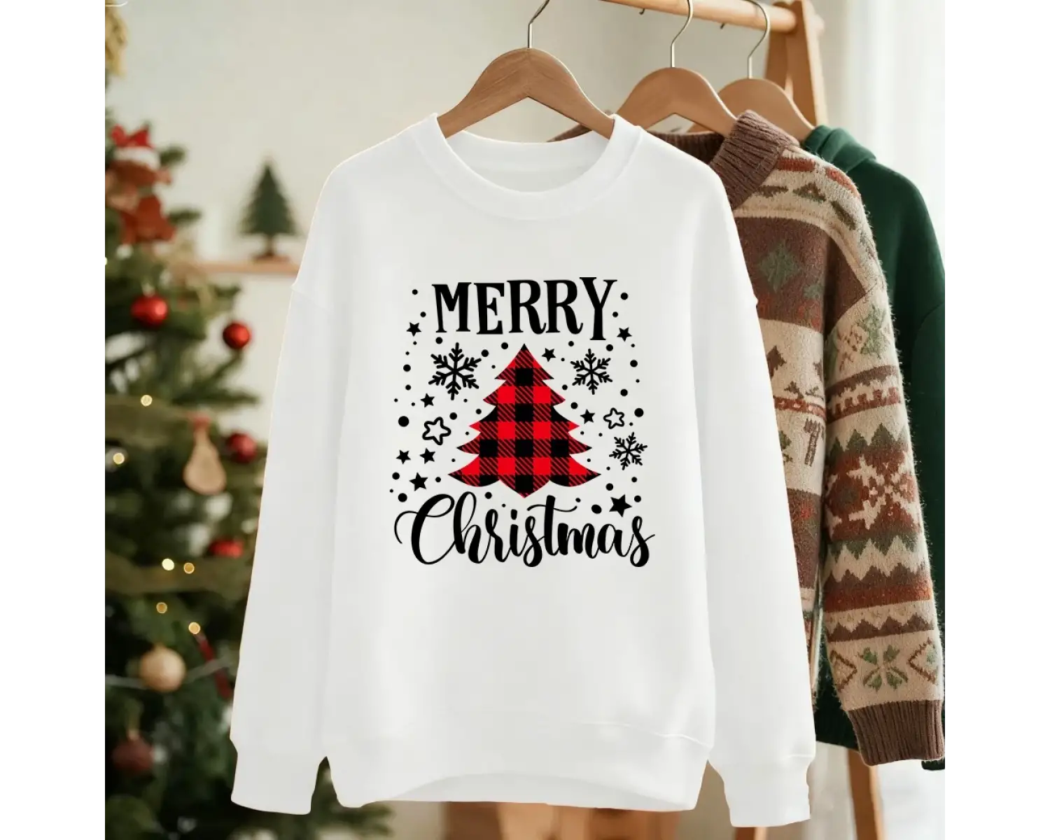 Mutlu Noeller Kırmızı Izgara Ağacı Baskılı Sweatshirt Kadınlar İçin Bol Rahat Kapüşonlu Polar