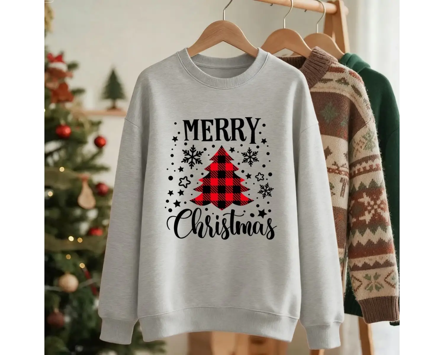 Mutlu Noeller Kırmızı Izgara Ağacı Baskılı Sweatshirt Kadınlar İçin Bol Rahat Kapüşonlu Polar