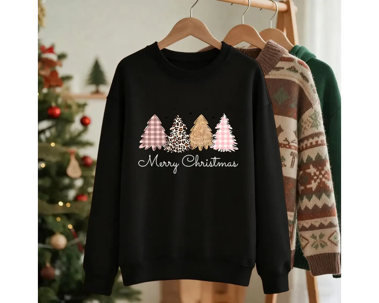 Mutlu Noeller Leopar Ağacı Baskılı Sweatshirt Kadınlar Yuvarlak Yaka Sportif Kapüşonlu Bol Po