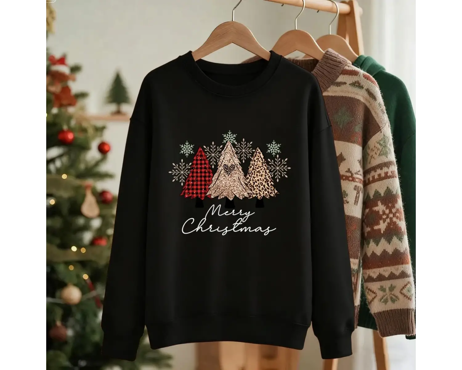 Mutlu Noeller Leopar Ekose Ağaçlar Baskılar Tişörtü Kadın Kış Polar Hoodie Bisiklet Yaka Gevş