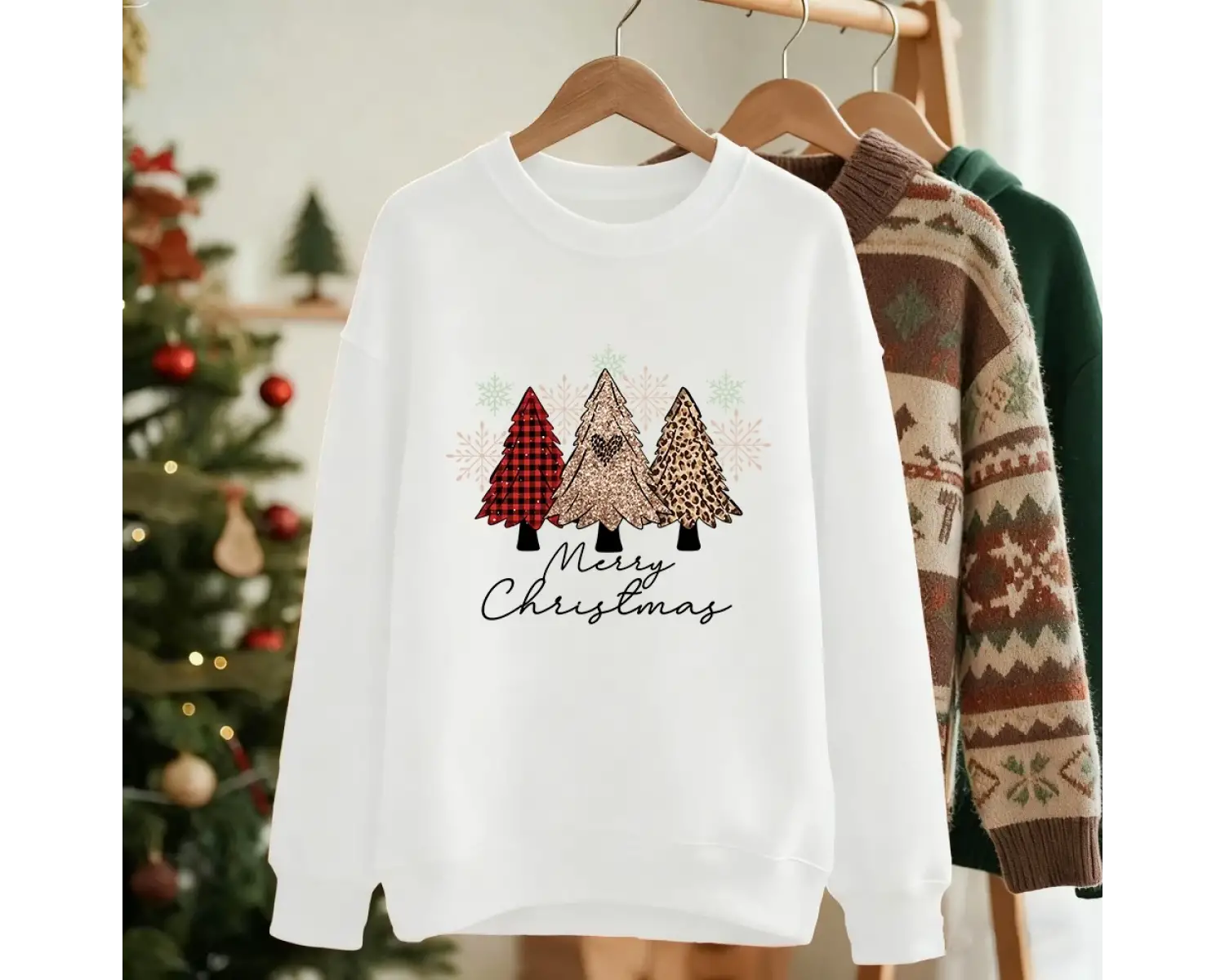 Mutlu Noeller Leopar Ekose Ağaçlar Baskılar Tişörtü Kadın Kış Polar Hoodie Bisiklet Yaka Gevş