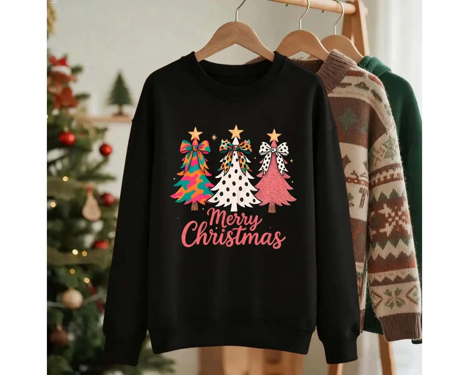 Mutlu Noeller Renkli Yay Ağaçlar Baskılar Kazak Kadın Crewneck Rahat Hoodie Gevşek Polar Sıca