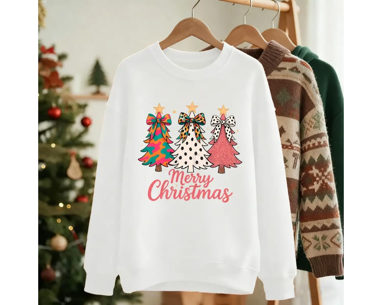 Mutlu Noeller Renkli Yay Ağaçlar Baskılar Kazak Kadın Crewneck Rahat Hoodie Gevşek Polar Sıca