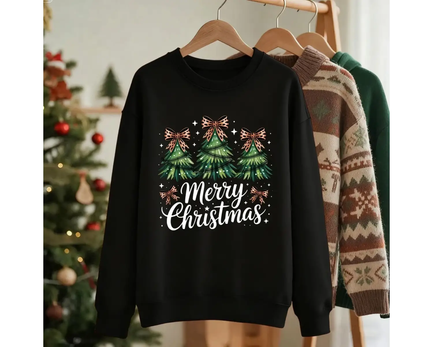 Mutlu Noeller Yay Ağaçları Baskılı Tişörtü Kadın Gevşek Temel Hoodie Polar Sıcak Bisiklet Yak