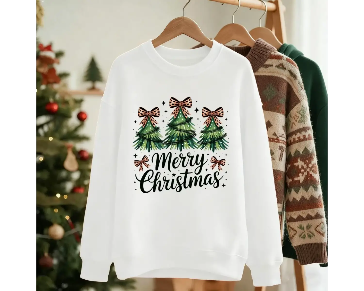 Mutlu Noeller Yay Ağaçları Baskılı Tişörtü Kadın Gevşek Temel Hoodie Polar Sıcak Bisiklet Yak