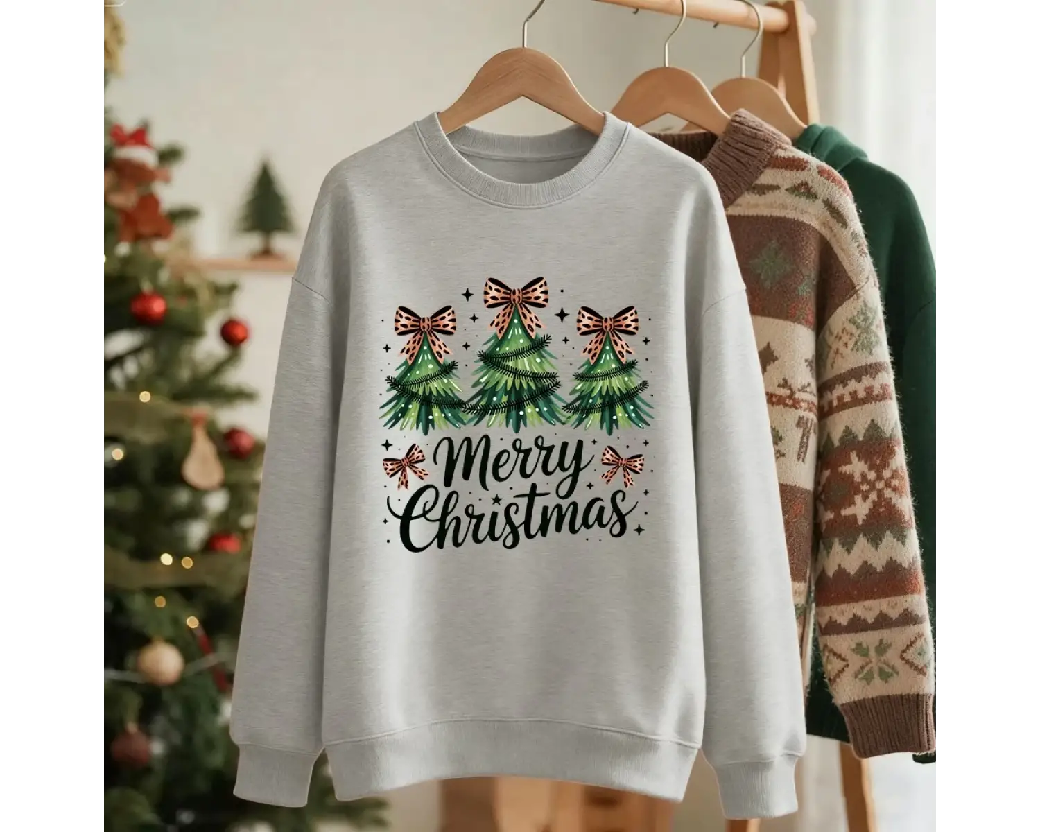 Mutlu Noeller Yay Ağaçları Baskılı Tişörtü Kadın Gevşek Temel Hoodie Polar Sıcak Bisiklet Yak