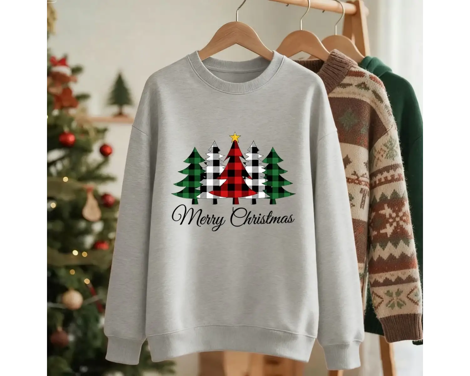 Mutlu Noeller Yıldız Izgara Ağacı Baskılı Tişörtü Bayan Bisiklet Yaka Temel Kapüşonlular Gevş