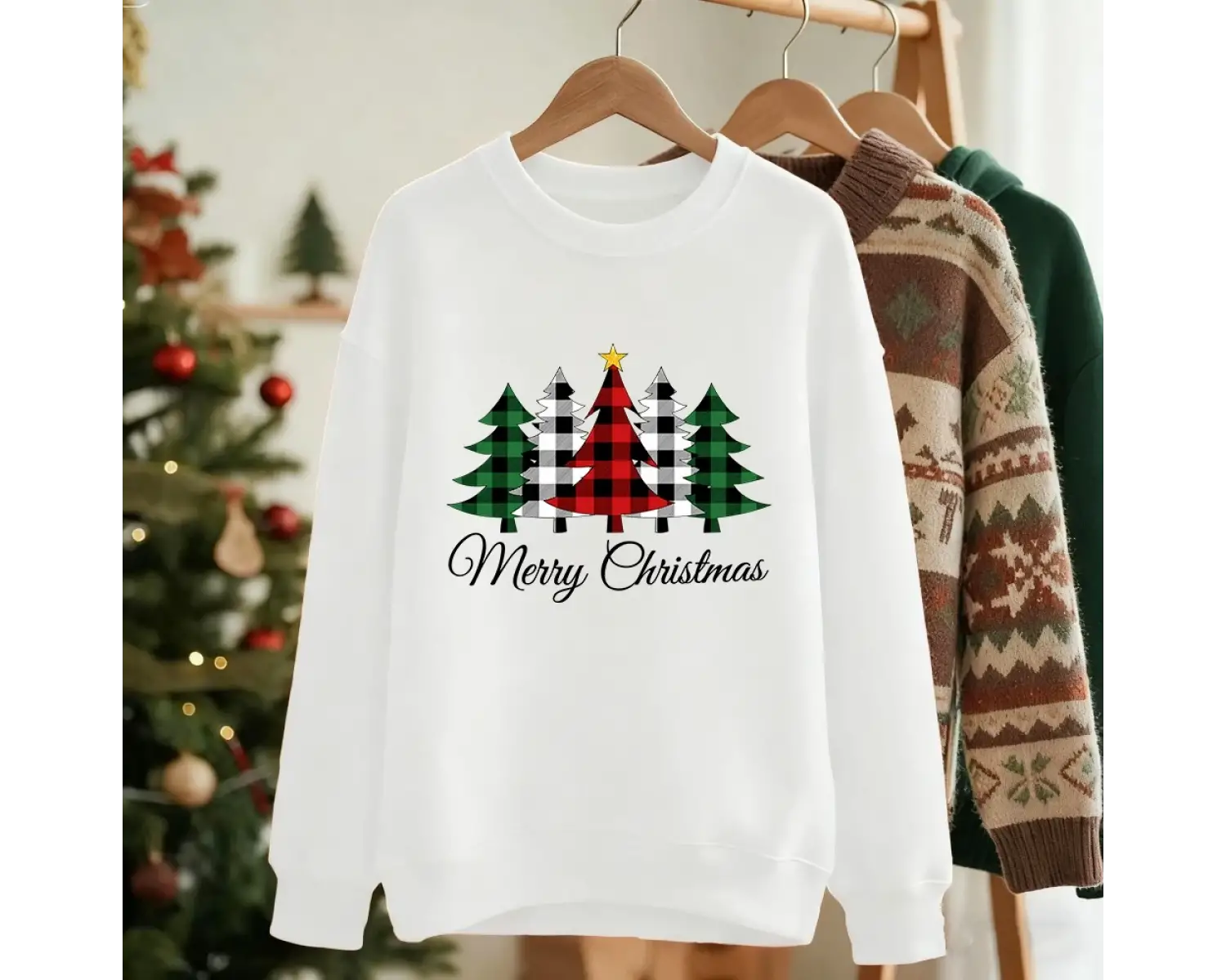 Mutlu Noeller Yıldız Izgara Ağacı Baskılı Tişörtü Bayan Bisiklet Yaka Temel Kapüşonlular Gevş