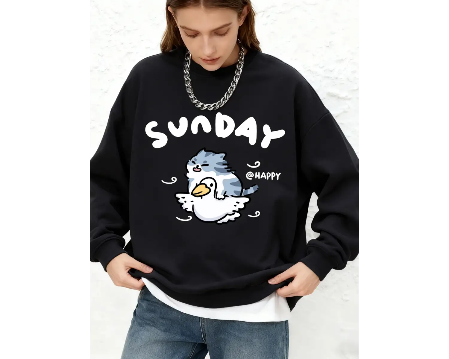 Mutlu Pazar Kedi Ördek Baskı Tişörtü Bayan Sonbahar Büyük Boy Jogger Kapüşonlular Temel Uzun