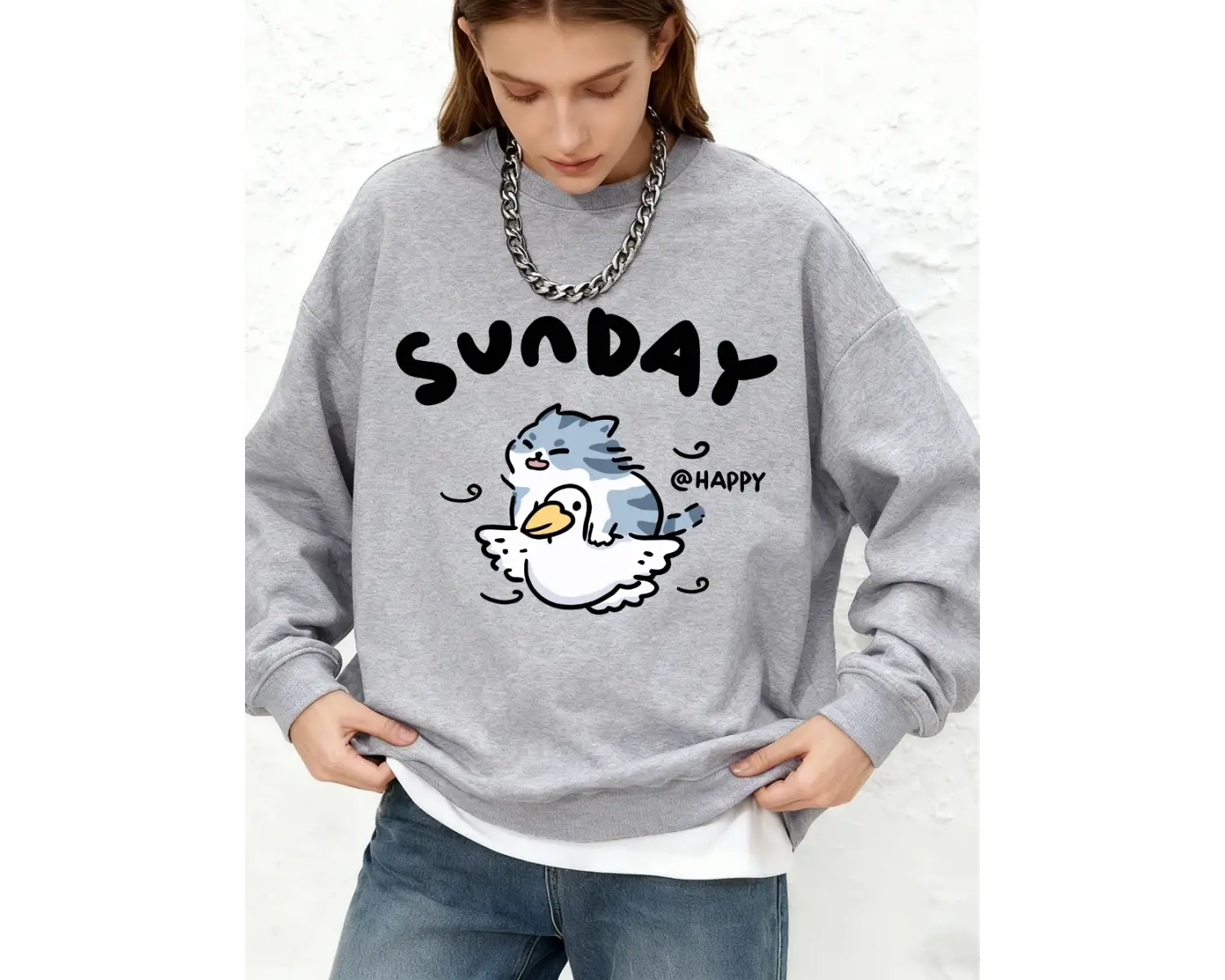 Mutlu Pazar Kedi Ördek Baskı Tişörtü Bayan Sonbahar Büyük Boy Jogger Kapüşonlular Temel Uzun