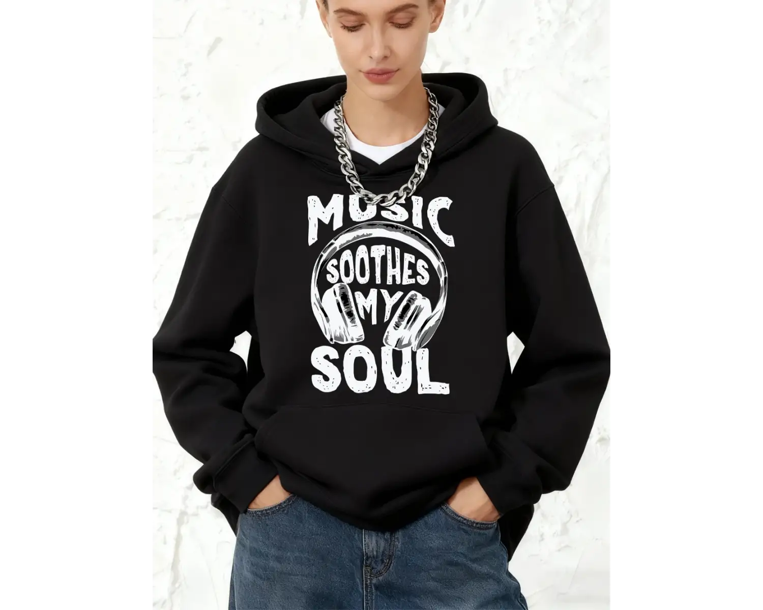 Müzik Ruhumu Yatıştırır Baskılı Pamuklu Kapüşonlu Üst Kadın Kışlık Polar Sıcak Kazak Cepli Jo