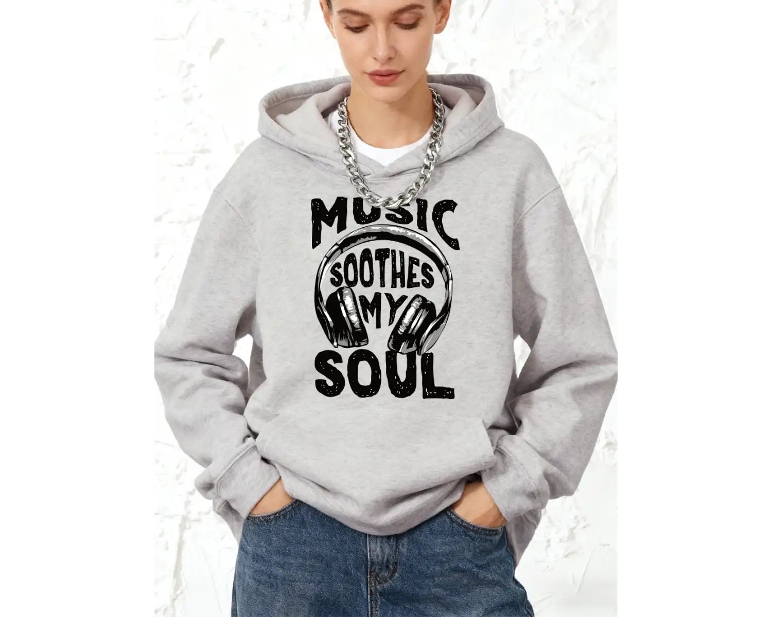 Müzik Ruhumu Yatıştırır Baskılı Pamuklu Kapüşonlu Üst Kadın Kışlık Polar Sıcak Kazak Cepli Jo