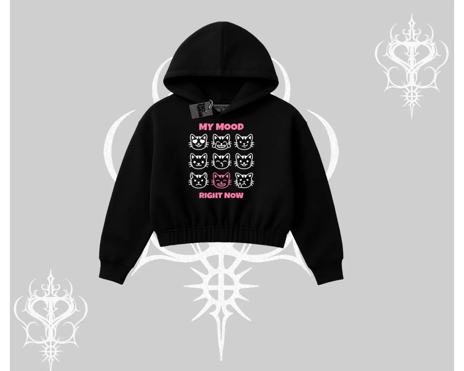 My Mood Right Now Yazılı Sevimli Kedi Kapşonlu Crop Sweatshirt