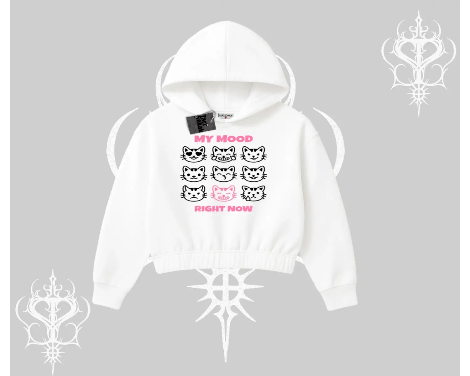 My Mood Right Now Yazılı Sevimli Kedi Kapşonlu Crop Sweatshirt