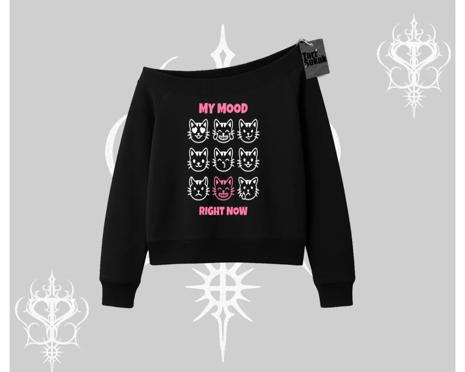 My Mood Right Now Yazılı Sevimli Kedi Kayık Yaka Sweatshirt