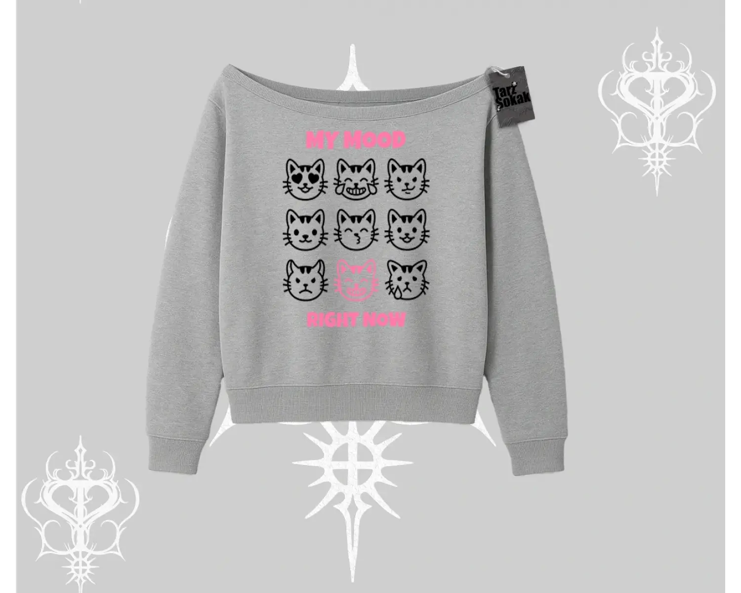 My Mood Right Now Yazılı Sevimli Kedi Kayık Yaka Sweatshirt