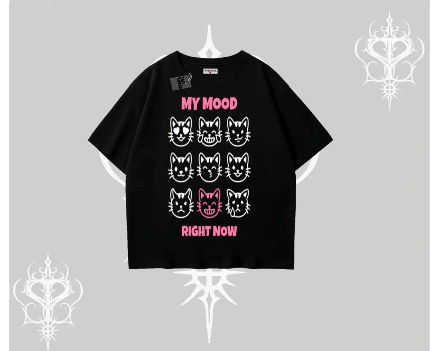 My Mood Right Now Yazılı Sevimli Kedi Oversize Tshirt