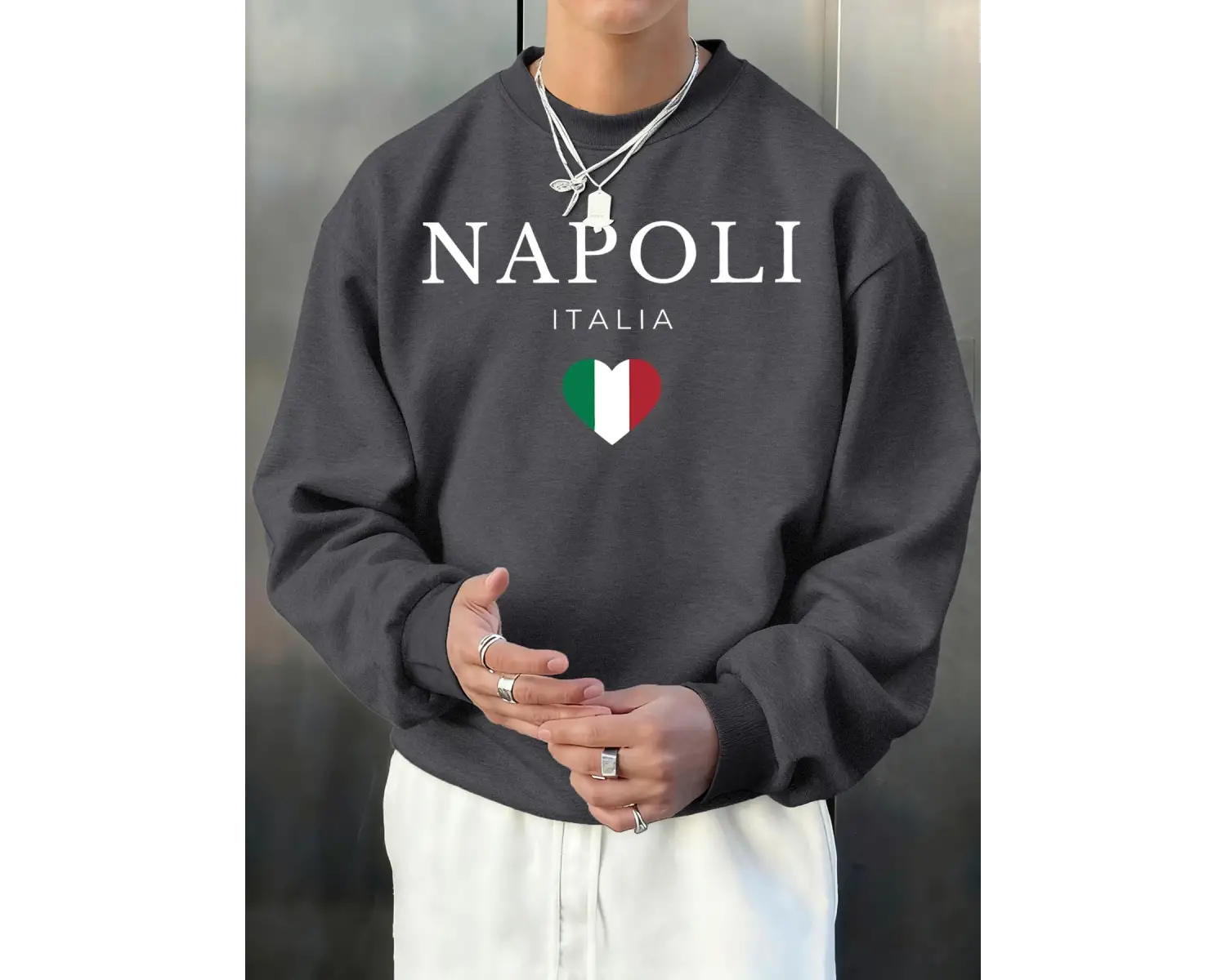 Napoli İtalya Mektup Ve Bayrak Baskı Erkek Kazak Bisiklet Yaka Rahat Kazak Sonbahar Sokak Şık