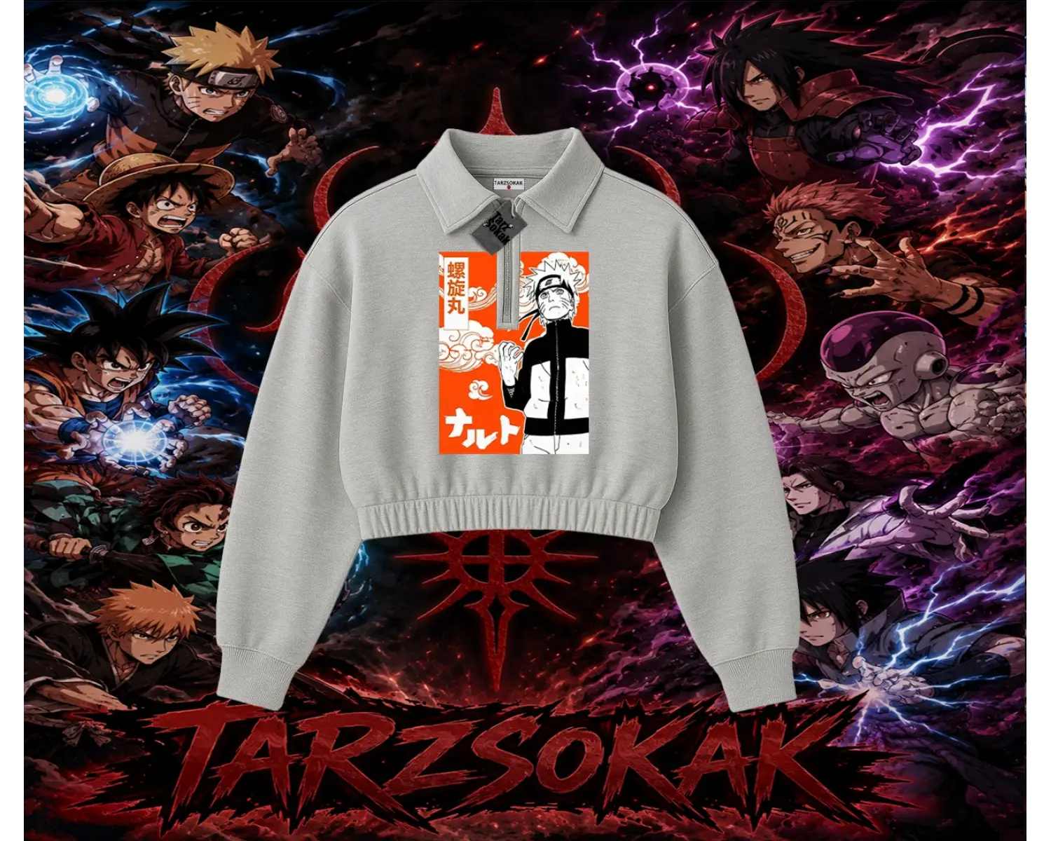 Naruto Uzumaki Premium Anime Kadın Crop Polo Yaka Yarım Fermuarlı Sweatshirt Beyaz