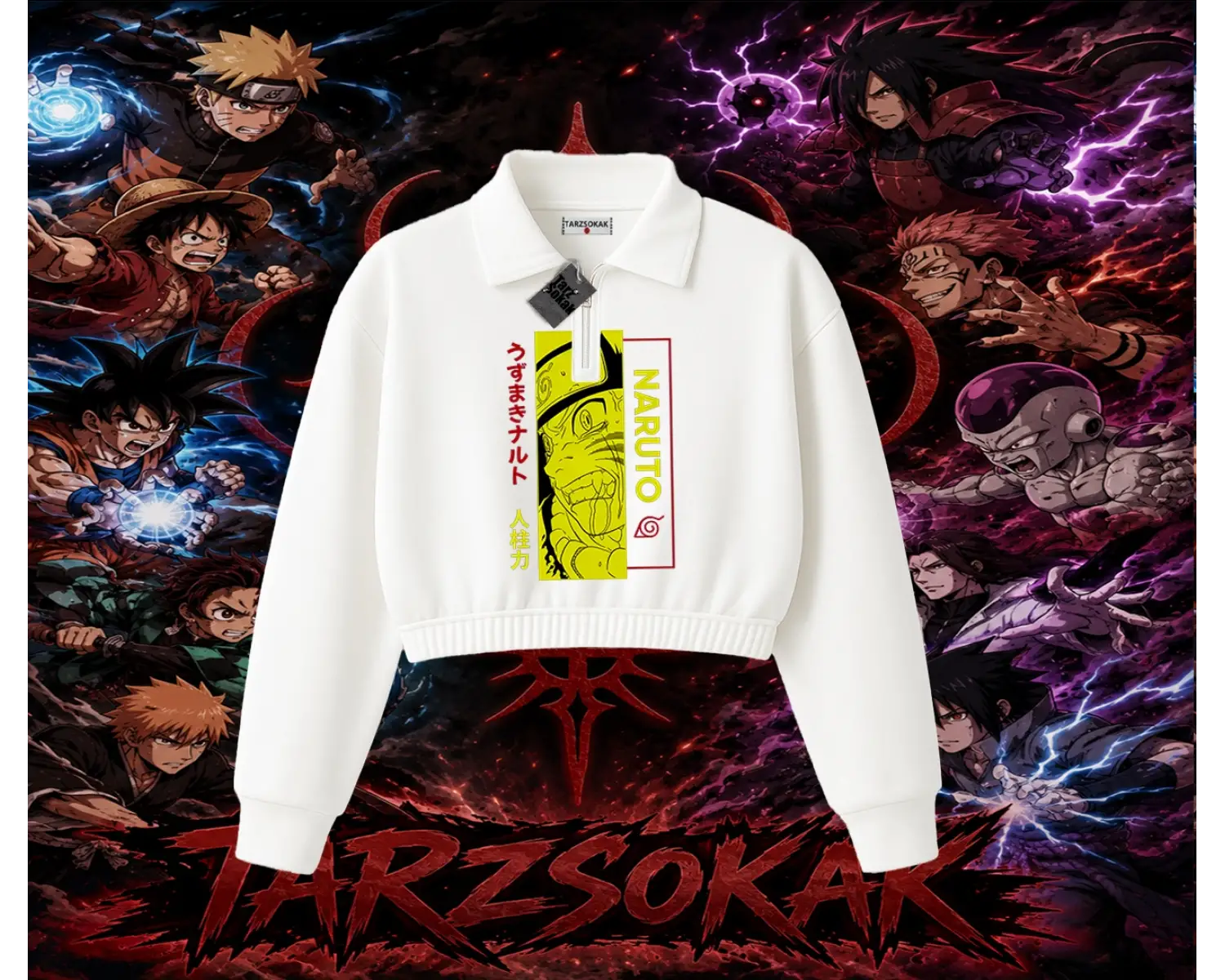 Naruto Uzumaki Premium Anime Kadın Crop Polo Yaka Yarım Fermuarlı Sweatshirt Beyaz