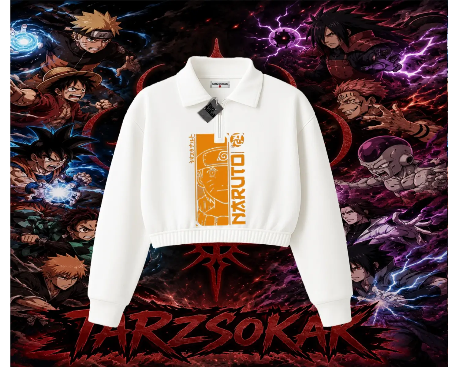 Naruto Uzumaki Premium Anime Kadın Crop Polo Yaka Yarım Fermuarlı Sweatshirt Beyaz