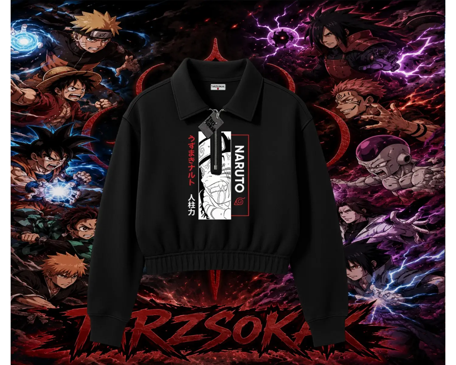 Naruto Uzumaki Premium Anime Kadın Crop Polo Yaka Yarım Fermuarlı Sweatshirt Beyaz