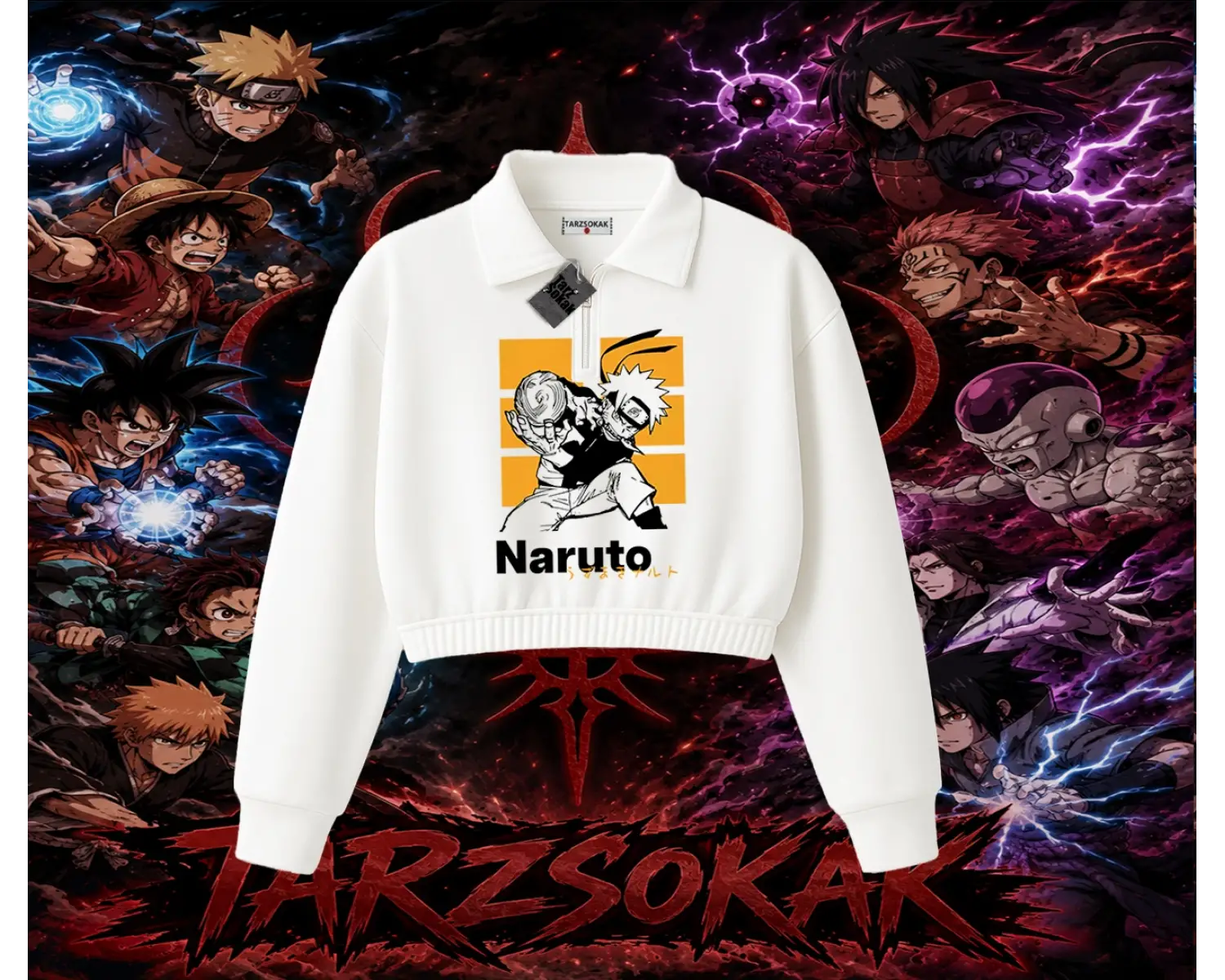 Naruto Uzumaki Premium Anime Kadın Crop Polo Yaka Yarım Fermuarlı Sweatshirt Beyaz