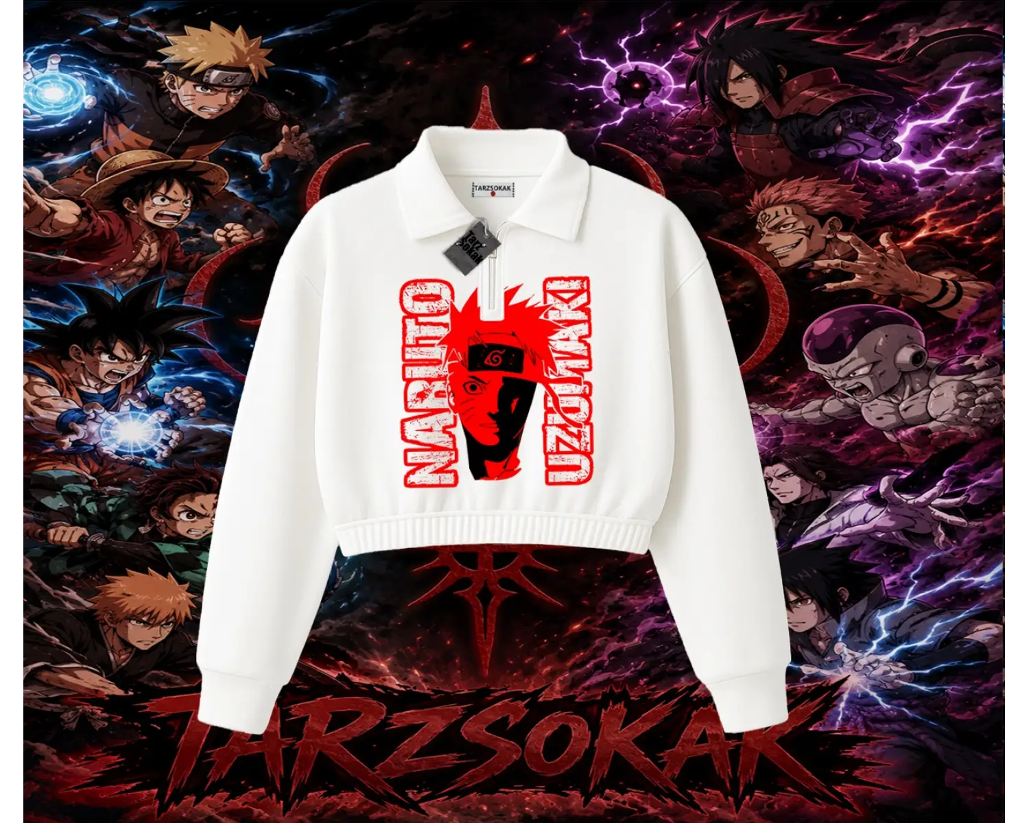 Naruto Uzumaki Premium Anime Kadın Crop Polo Yaka Yarım Fermuarlı Sweatshirt Beyaz