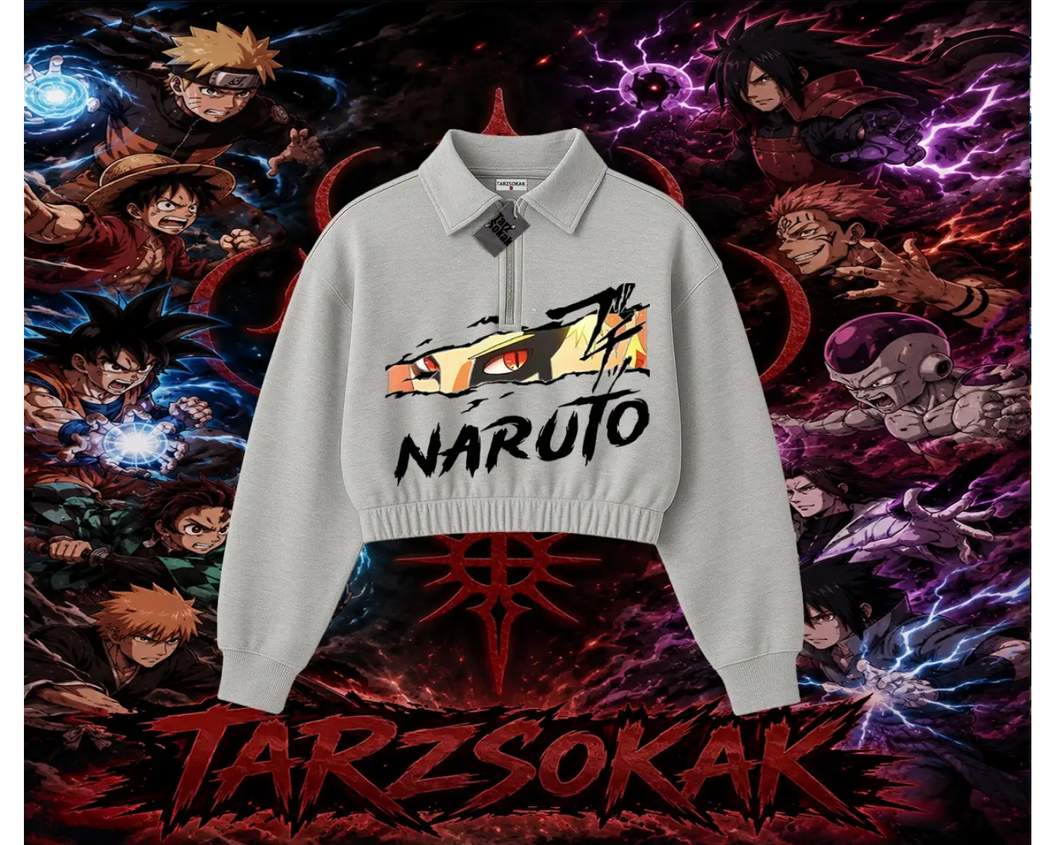 Naruto Uzumaki Premium Anime Kadın Crop Polo Yaka Yarım Fermuarlı Sweatshirt Beyaz
