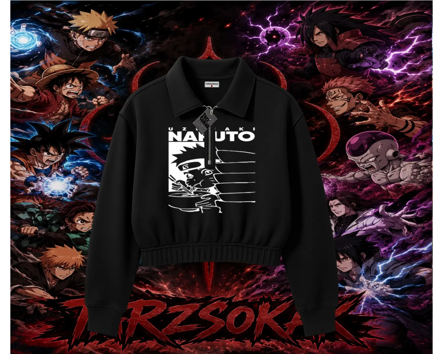 Naruto Uzumaki Premium Anime Kadın Crop Polo Yaka Yarım Fermuarlı Sweatshirt Beyaz