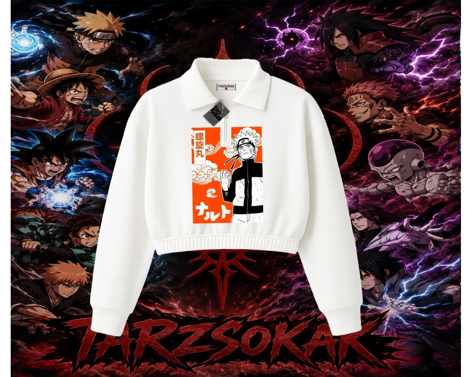 Naruto Uzumaki Premium Anime Kadın Crop Polo Yaka Yarım Fermuarlı Sweatshirt Beyaz