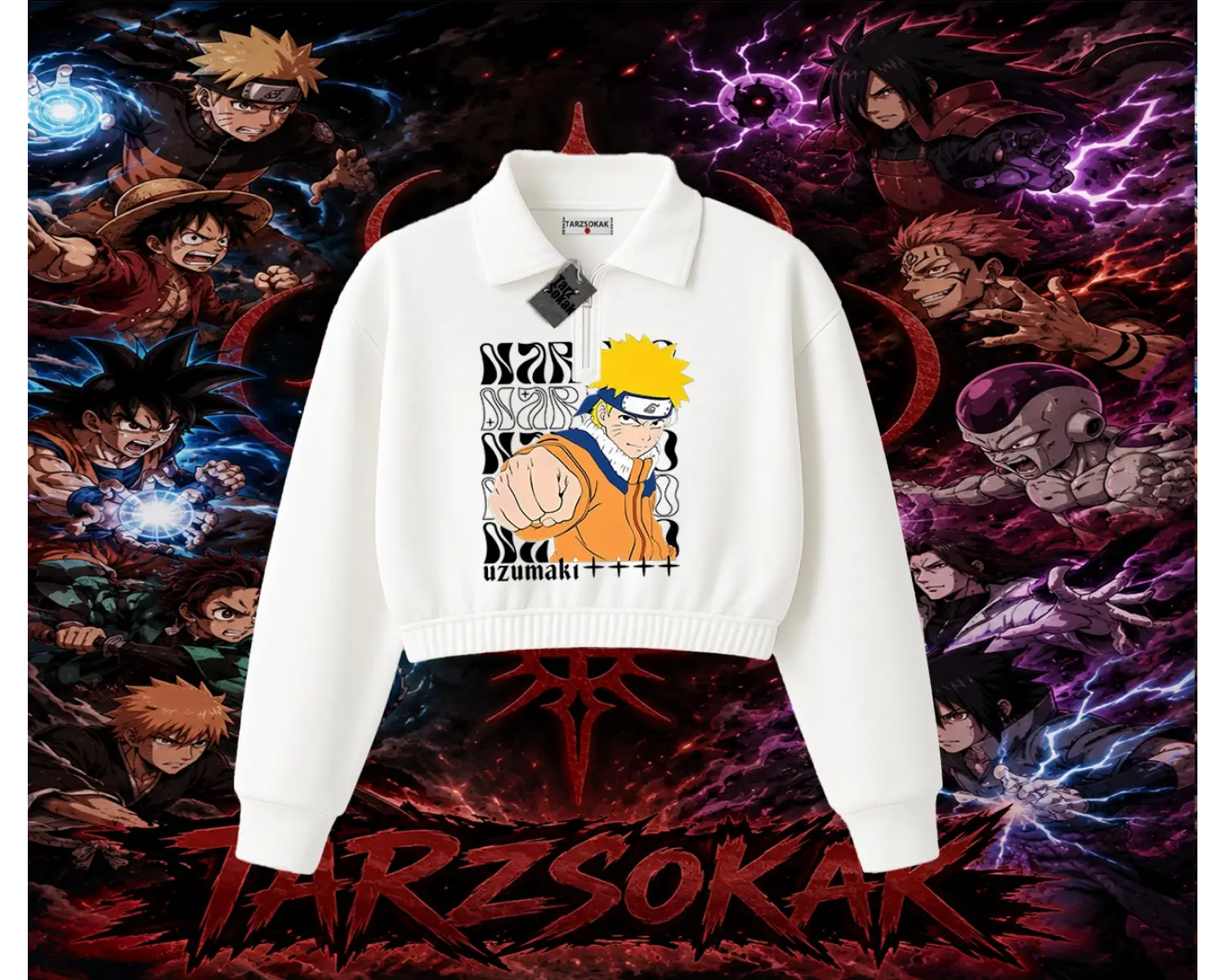 Naruto Uzumaki Premium Anime Kadın Crop Polo Yaka Yarım Fermuarlı Sweatshirt Beyaz