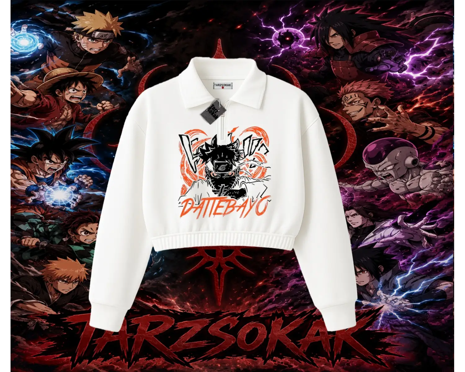 Naruto Uzumaki Premium Anime Kadın Crop Polo Yaka Yarım Fermuarlı Sweatshirt Beyaz