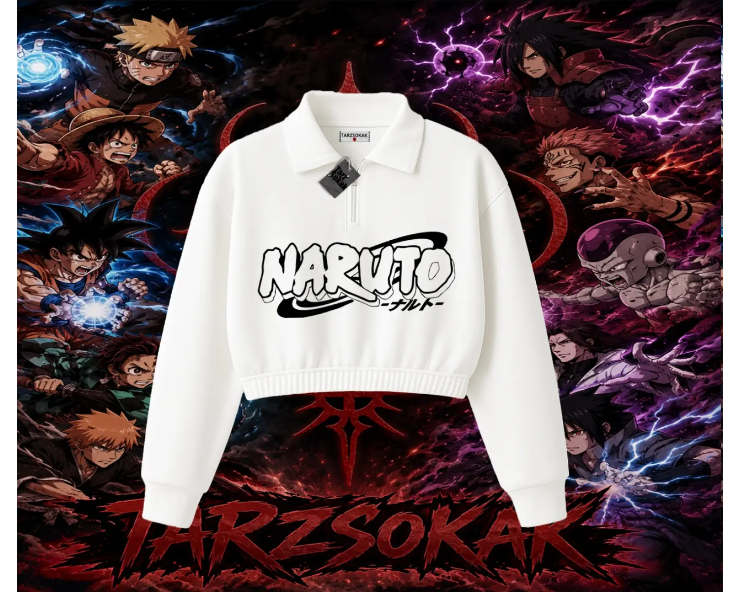Naruto Uzumaki Premium Anime Kadın Crop Polo Yaka Yarım Fermuarlı Sweatshirt Beyaz