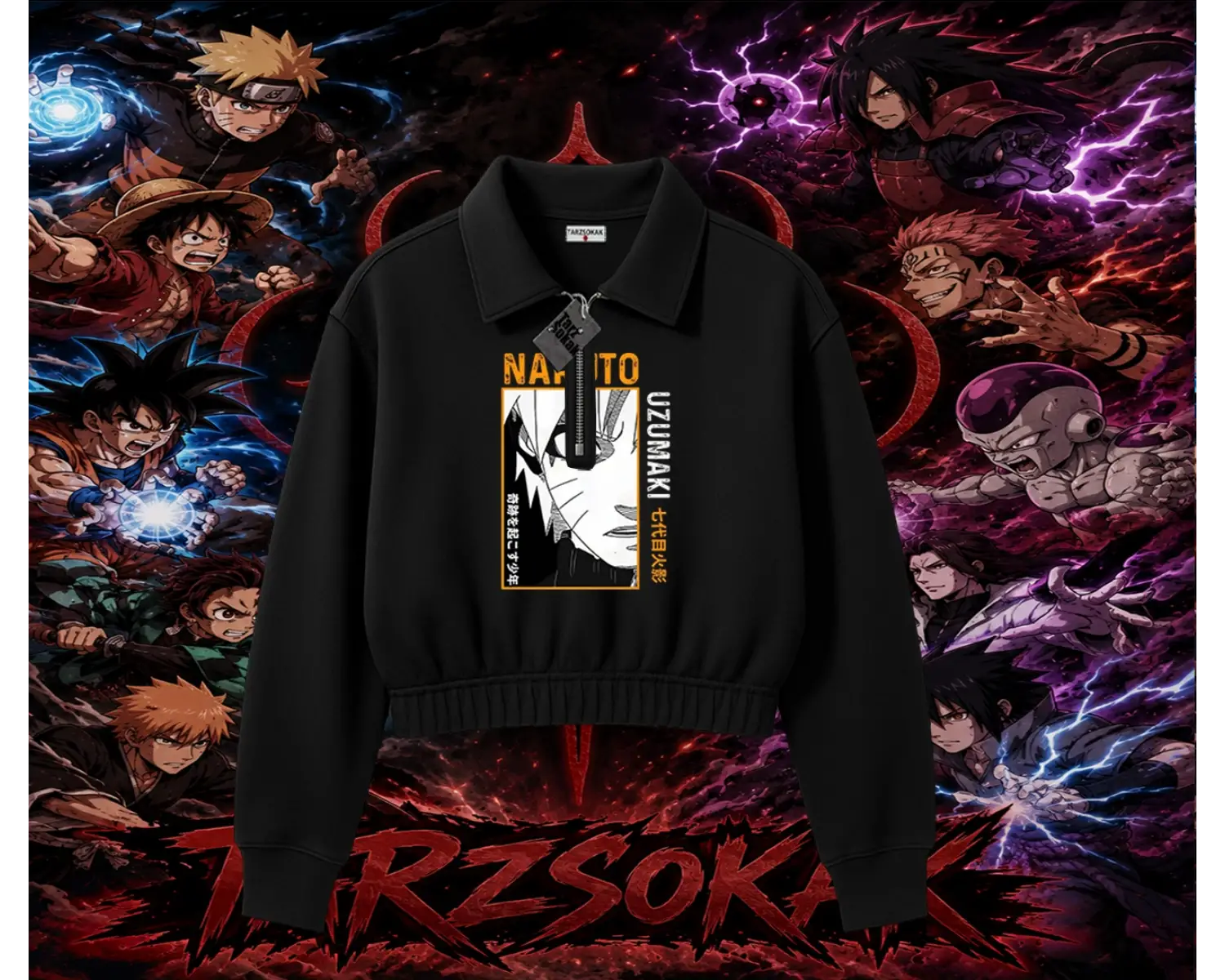 Naruto Uzumaki Premium Anime Kadın Crop Polo Yaka Yarım Fermuarlı Sweatshirt Beyaz